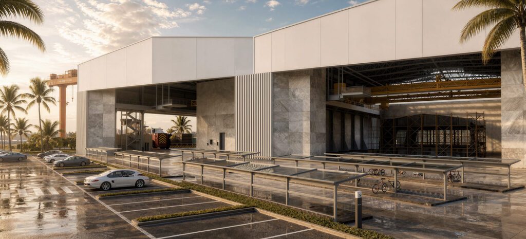 Material distribution and structural assembly processing area at the BlueGen Marine shipyard