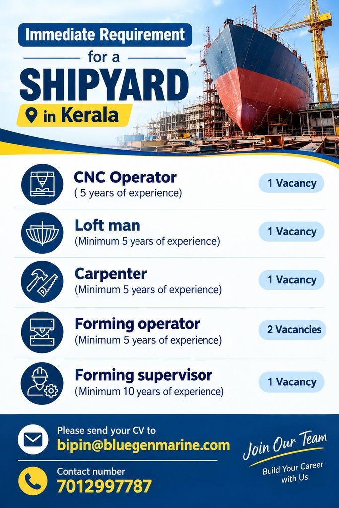 BlueGen Marine immediate shipyard job vacancy flyer for Ponnani, Kerala — CNC Operator, Loft Man, Carpenter, Forming Operator and Forming Supervisor roles.